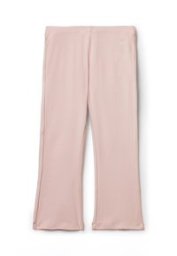 Leggings rosa chiaro realizzati in tessuto morbido e stretch, con un design svasato, una texture liscia e un logo ricamato sottile in vita.