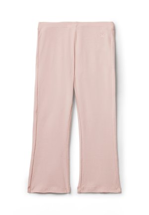 Leggings de color rosa claro confeccionados en una suave tela elástica, con un diseño acampanado, una textura lisa y un sutil logo bordado en la cintura.