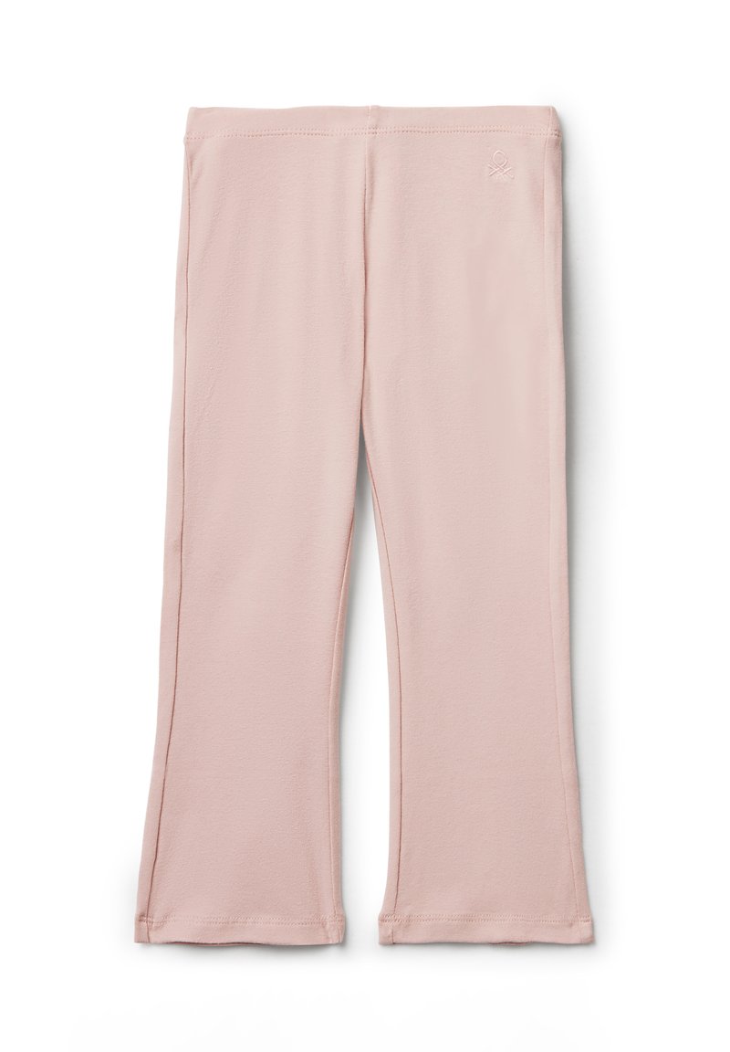 Leggings rosa chiaro realizzati in tessuto morbido e stretch, con un design svasato, una texture liscia e un logo ricamato sottile in vita.