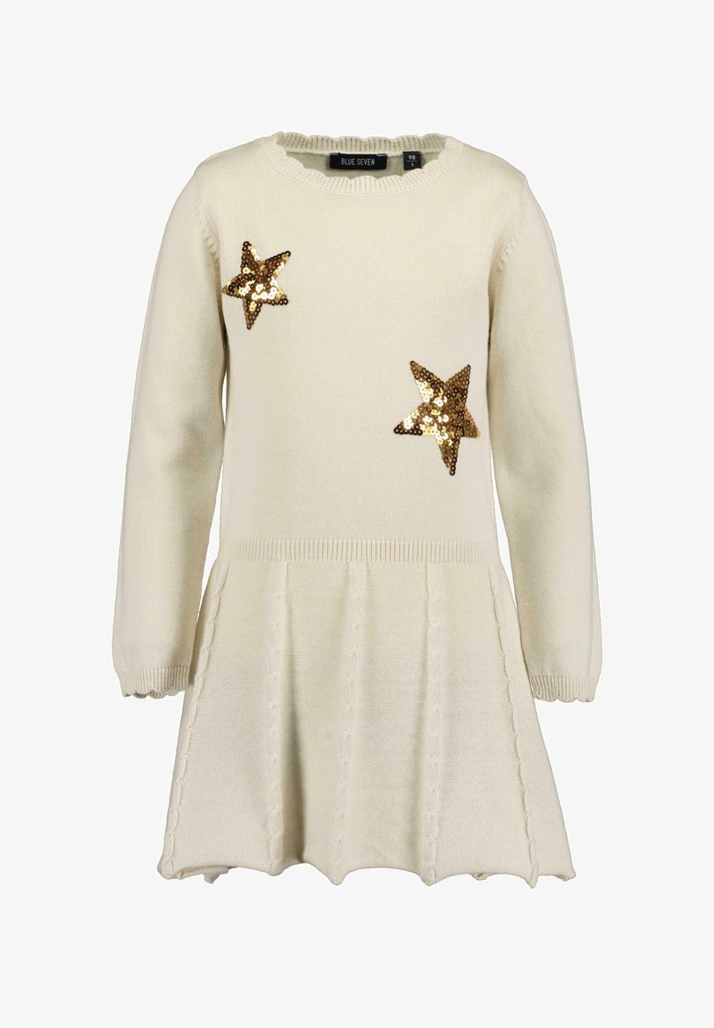 Robe longue en maille crème à manches longues avec encolure et ourlet à volants, ornée de deux patches étoiles en sequins dorés sur la poitrine.
