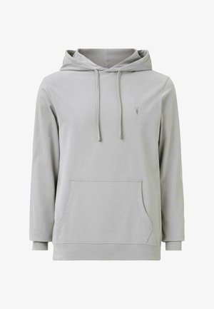 Sudadera gris claro hecha de material suave. Cuenta con un bolsillo tipo canguro, capucha con cordón y un discreto detalle de logo en el pecho. Mangas largas.