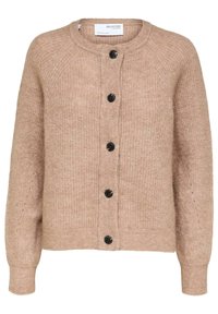 Cardigan lavorato a maglia beige con scollo rotondo, chiusura frontale con bottoni neri. Presenta maniche lunghe e una finitura testurizzata.