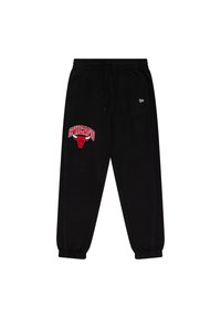 Schwarze Sweatpants mit elastischen Bündchen, ausgestattet mit einem roten "CHICAGO"-Grafik und einem Bullen-Logo am linken Bein. Kordelzugbund, weicher Stoff.