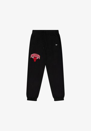 Black sweatpants with elastic cuffs, featuring a red "CHICAGO" graphic and bull logo on the left leg. Drawstring waist, soft fabric.