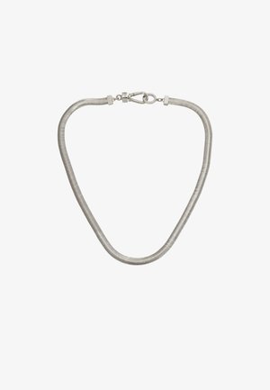 Metal necklace with a smooth, flexible design. It features a shiny silver color, round snake chain texture, and a clasp closure.