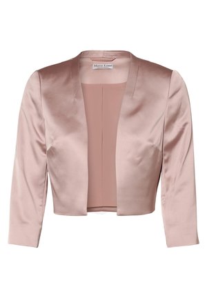 Pale pink satin cropped jacket with a smooth texture, shawl collar, and three-quarter sleeves. Open front design with no fastenings.