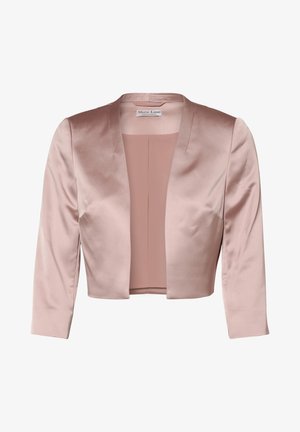 Helles rosa Satin-Cropped-Jackett mit glatter Textur, Schalkragen und Dreiviertelärmeln. Offenes Vorderdesign ohne Verschlüsse.