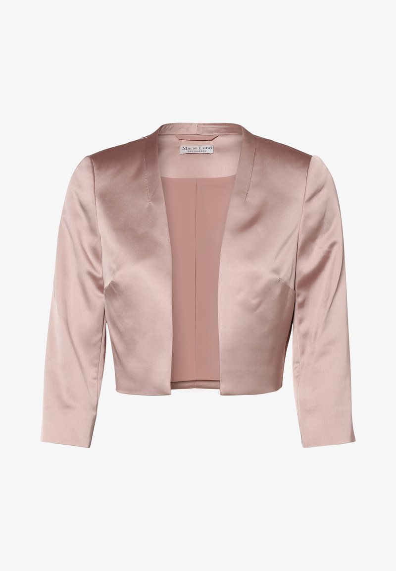 Giacca cropped in satin rosa pallido con una texture liscia, colletto a scialle e maniche a tre quarti. Design aperto davanti senza chiusure.