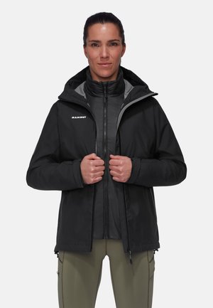 Black waterproof jacket with a detachable hood, zippered front, contrasting gray lining, and logo on the left chest. Designed for outdoor wear.