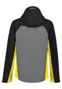 Hættejakke med grå krop, sorte skuldre og gule sidepaneler. Glat tekstur med et logo på ryggen.