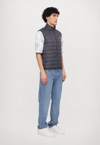 Padded šedá vesta s vyvýšeným límcem, na zip, nošena přes světle vzorovanou košili a spárována se světle modrými džíny a bílými teniskami.