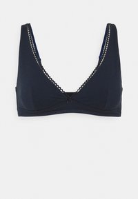 Bralette em triângulo azul-marinho feito de tecido macio, com rendas nas bordas e um pequeno nó decorativo ao centro.