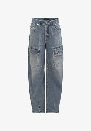 Mid-Rise Cargo-Jeans aus blauer Denim mit mehreren Taschen, kontrastierenden Nähten und einer leicht lockeren Passform. Strukturierter, ausgewaschener Look.