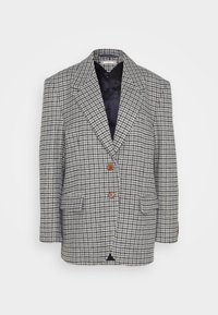 Harmaa ja valkoinen houndstooth-blazer, jossa on notcho lapelit, kaksi ruskeaa nappia, etuflappitaskut ja musta sisävuori.