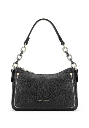 Black leather handbag with a textured finish, chain and leather strap, gold logo, and contrast stitching along the seams. Zipper closure.