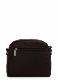 Brown fabric crossbody bag with a rounded top, zippered front pocket, adjustable strap, and subtle branding on the zipper pull.