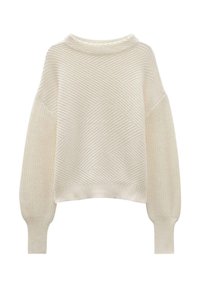 Maglione lavorato a maglia color avorio, caratterizzato da un motivo diamantato testurizzato, spalle cadute e polsini a coste. Materiale morbido, design corto.