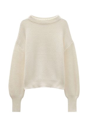 Gebreide trui in off-white, met een getextureerd ruitpatroon, verlaagde schouders en geribbelde manchetten. Zacht materiaal, cropped ontwerp.