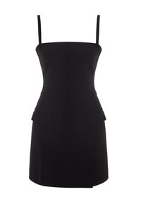 Schwarzes, tailliertes Mini-Kleid mit dünnen Trägern, quadratischem Ausschnitt und zwei vorderen Taschen. Hergestellt aus glattem Stoff mit einer strukturierten Silhouette.