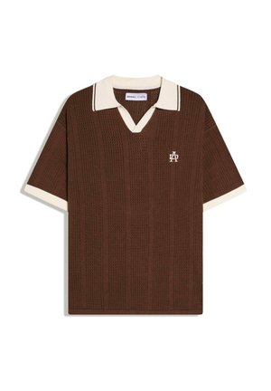 Brown short-sleeve knit polo with cream collar and sleeve edges, featuring subtle vertical patterns and a small white logo on the chest.