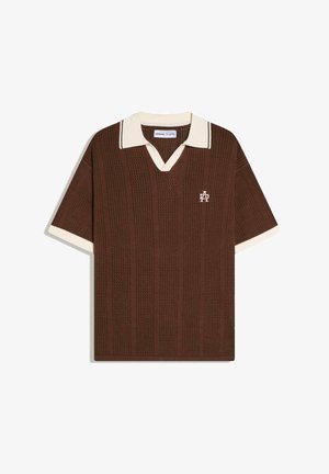 Brown short-sleeve knit polo with cream collar and sleeve edges, featuring subtle vertical patterns and a small white logo on the chest.