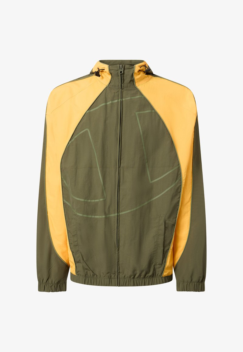 Ελαφρύ τζάκετ σε ελιά πράσινο και κίτρινο με φερμουάρ, ψηλό γιακά, ελαστικά μανίκια και πλαϊνές τσέπες.