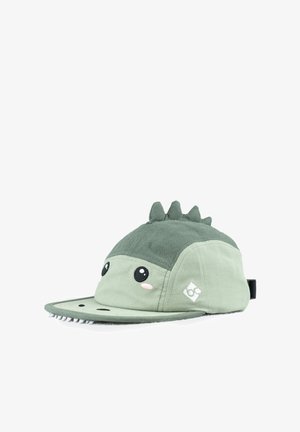 Green cap with a soft texture, featuring a dinosaur design, large eyes, and spiky accents on the top. Brim is flat with a stitching detail.