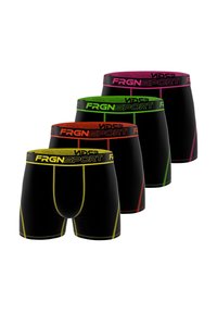 Quatre paires de shorts de sport noirs avec des ceintures de taille colorées en jaune, vert, orange et rose ; avec des accents de couture et un logo.
