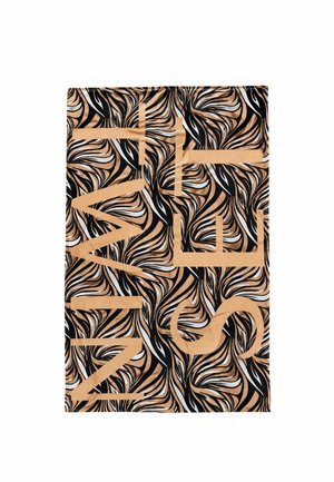 Motivo astratto a spirale nero, bianco e beige con grandi lettere beige che compongono la scritta "N I M E T S" sul tessuto.