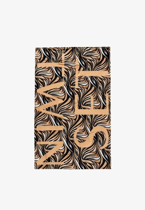 Motivo astratto a spirale nero, bianco e beige con grandi lettere beige che compongono la scritta "N I M E T S" sul tessuto.