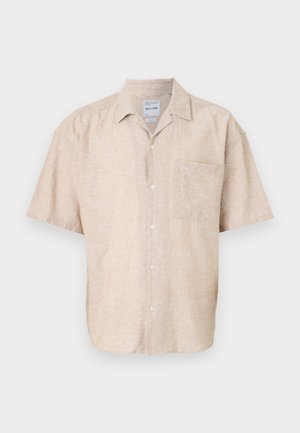 Kurzärmliges Hemd aus beigefarbenem Leinenmischgewebe, mit einer Brusttasche, subtiler Textur und klassischem Kragendesign.