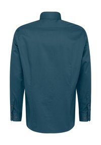 Türkisfarbiges Langarmshirt aus glattem Stoff, mit geradem Schnitt, hohem Kragen und knöpfbaren Manschetten. Schlichtes Design, ohne Muster.