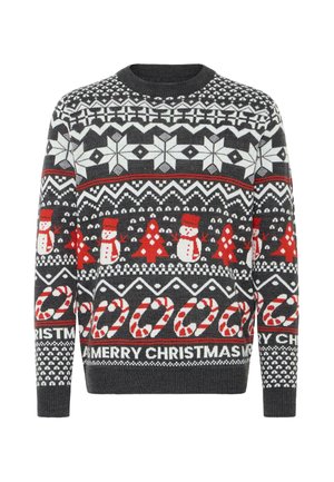 Maglione grigio lavorato a maglia con motivi di fiocchi di neve, pupazzi di neve e alberi di Natale in rosso e bianco, con un design testuale "BUON NATALE".