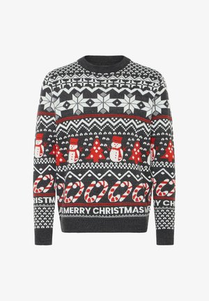 Šedý pletený svetr se vzory sněhových vloček, sněhuláků a vánočních stromečků v červené a bílé barvě, s nápisem "Veselé Vánoce".