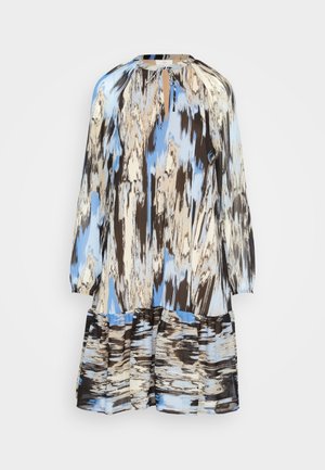Hosszúujjú ruha kerek nyakkal, kék, barna és krém színű, több színben absztrakt mintázattal, tiered fodros aljjal.