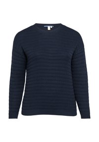 Marineblauer Strickpullover mit einem strukturierten, gerippten Design, rundem Ausschnitt und langen Ärmeln mit gerippten Bündchen und Saum.