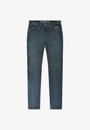 Donkerblauwe denim jeans met een rechte pasvorm. Ze hebben een standaard tailleband, achterzakken en subtiele vervaging voor textuur.