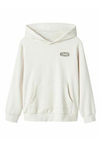 Sudadera con capucha blanca, hecha de material suave, que cuenta con un bolsillo frontal y un logo impreso en negro. Puños y dobladillo acanalados.
