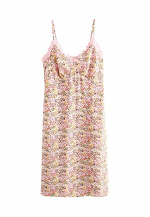 Ärmelloses Kleid mit Blumenmuster, pinkem Rüschensaum und dünnen Trägern, das eine Mischung aus pinken, gelben und grünen Blumen auf einem weißen Hintergrund zeigt.