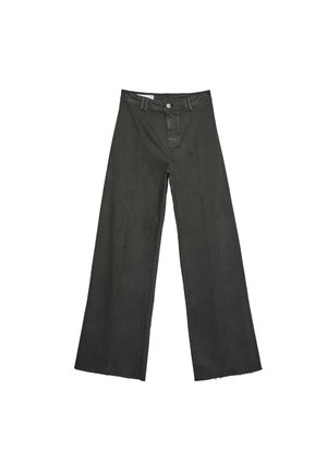 Pantaloni a gamba larga in denim grigio scuro con cuciture in vista, chiusura con bottone e orlo sfrangiato. Presentano una vita alta e una silhouette dritta.