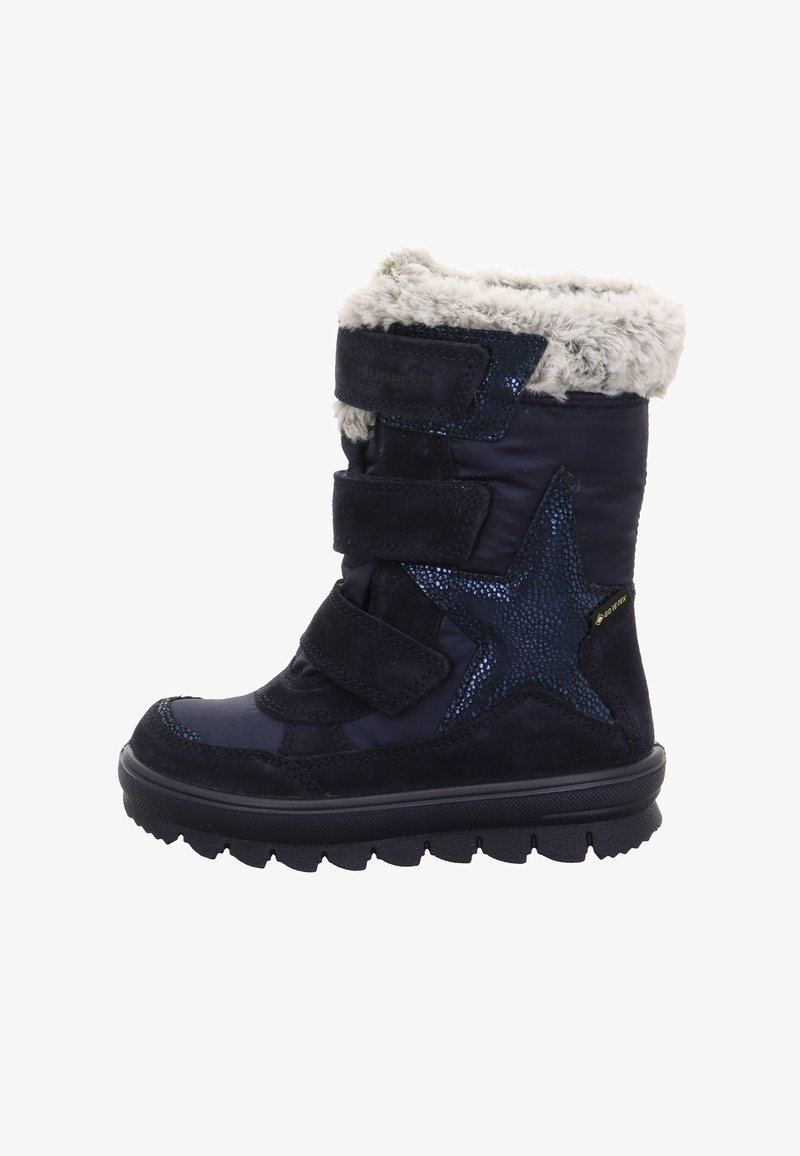 Marineblaue Winterstiefel mit einem kuscheligen grauen Pelzkragen, ausgestattet mit einem Wildlederstern-Akzent, drei Klettverschlussriemen und einer strukturierten Gummisohle.