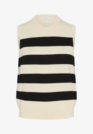 Bezrūpju adīta blūze krēmkrāsā un melnā svītrā. Iekļauj apaļu kakla izgriezumu un brīvu piegriezumu ar mīkstu tekstūru.