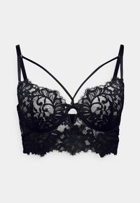 Crna čipkana bralette s cvjetnim uzorkom, valovitim rubovima i detaljem u obliku okvira na sredini. Ima podesive naramenice i skraćeni dizajn.