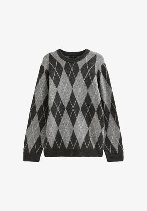 Pull à motifs losanges gris et noir avec manches longues, col rond côtelé et matériau tricoté texturé. Présente un design classique et confortable.