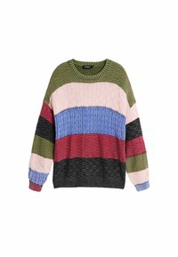 Knit pullover sweater featuring multicolored horizontal stripes in olive green, pink, blue, burgundy, gray, and black textures.