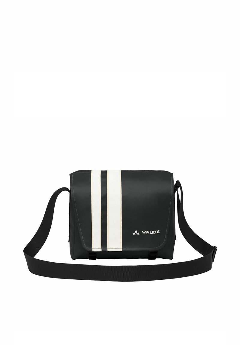 Borsa a tracolla nera con strisce bianche, tracolla regolabile, chiusura a pattina e logo. Realizzata in materiale durevole con una texture liscia.