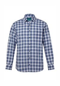 Camisa a cuadros azul y blanca con mangas largas, cuello abotonado y botones en el frente. Fabricada en tejido ligero, cuenta con un bolsillo en el pecho.