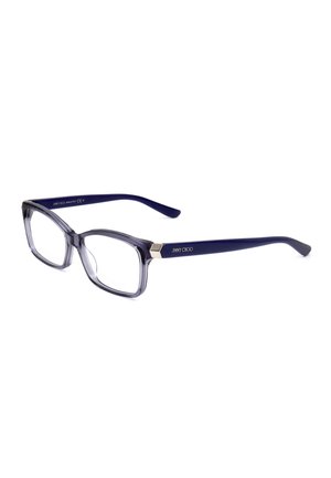Occhiali rettangolari con lenti trasparenti, aste blu scuro, dettagli argento vicino alle cerniere e logo "JIMMY CHOO" sul lato.