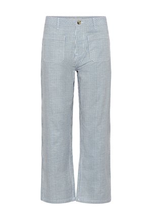 Pantalon large à rayures bleu clair et blanc, avec fermeture par bouton, passants pour ceinture et deux poches arrière. Tissu en coton, design décontracté.