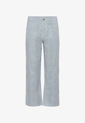 Weit geschnittene, gestreifte Hosen in Hellblau und Weiß, mit Knopfverschluss, Gürtelschlaufen und zwei Gesäßtaschen. Baumwollstoff, lässiges Design.